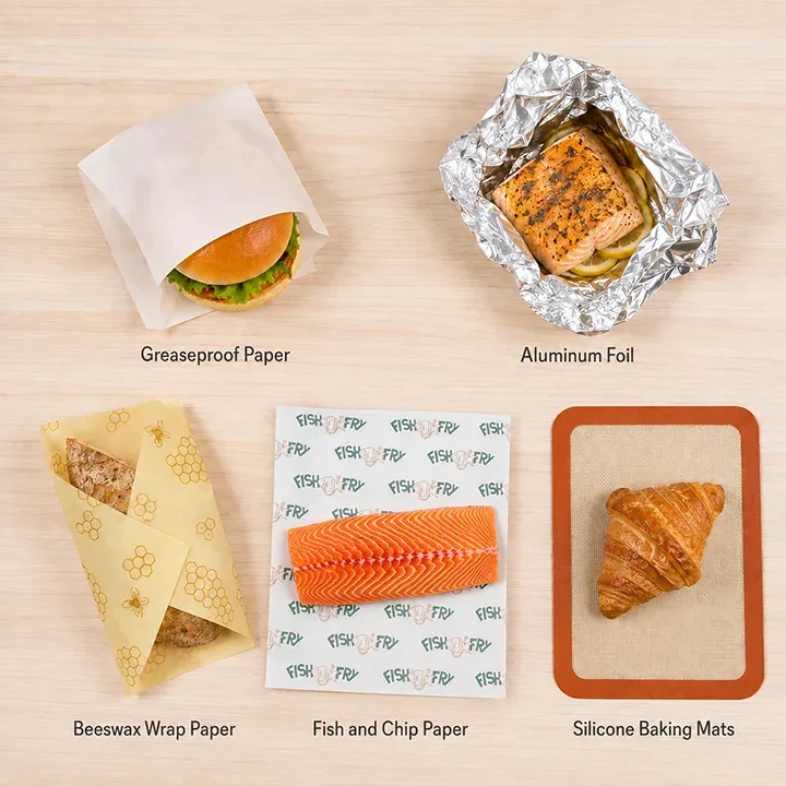 alternative papers (greaseproof paper, aluminum foil, beeswax wrap paper, fish-n-chip paper, silicone backing mats) for food preparation