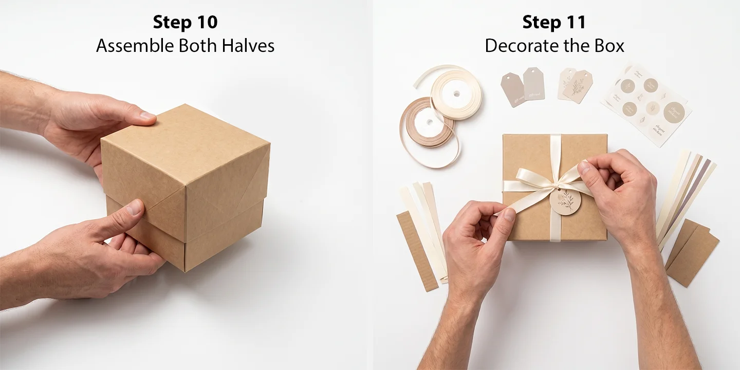 Steps 10 & 11: Assembling a craft paper gift box and decorating it with a satin ribbon, tags, and stickers.
