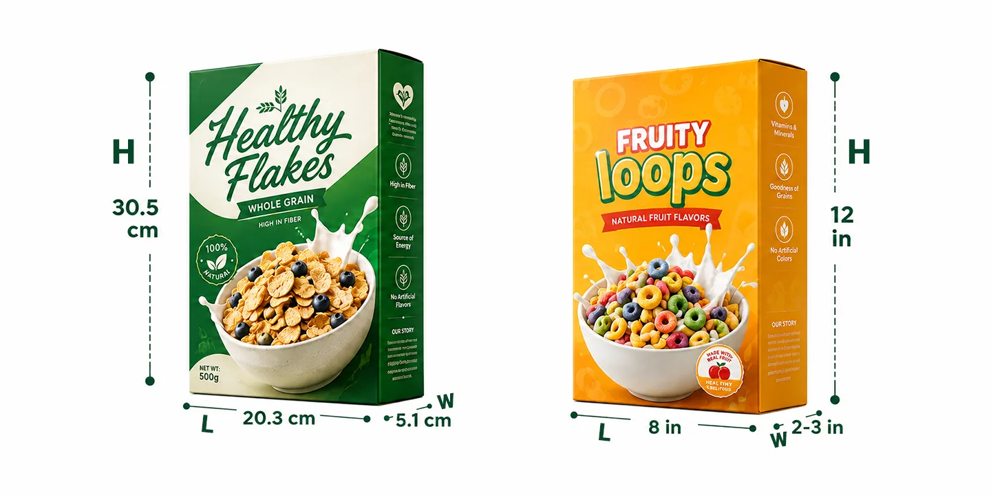 tandard cereal box dimensions showing average sizes in inches and cm