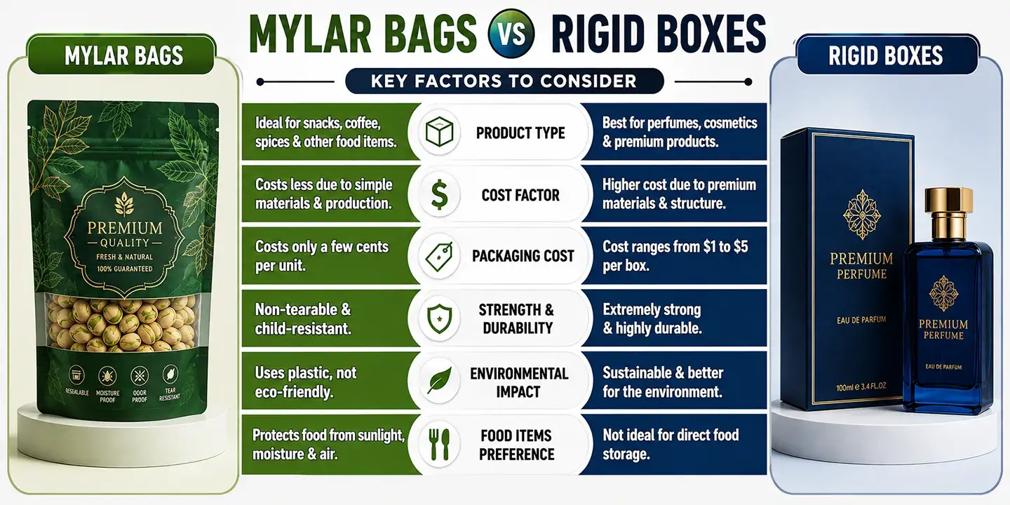 Infographic comparing Mylar bags vs rigid boxes across 6 key factors like cost and durability.