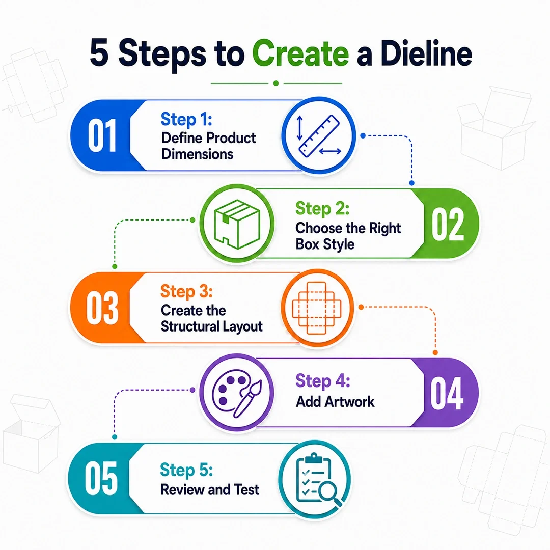5 steps to create a packaging dieline: dimensions, box style, layout, artwork, and testing.
