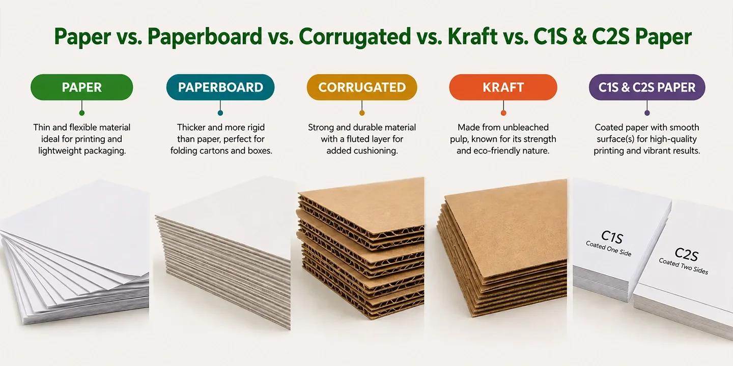 comparison of box materials: thin paper, rigid paperboard, fluted corrugated, unbleached kraft, and coated stock