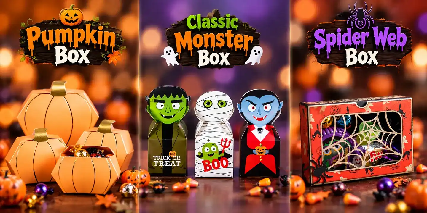 die cut halloween packaging ideas, including pumpkin box, monster box, spider web box