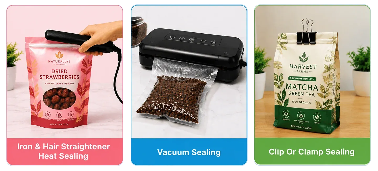 Comparison of Mylar bag sealing methods: hair straightener, vacuum sealer, and binder clip.