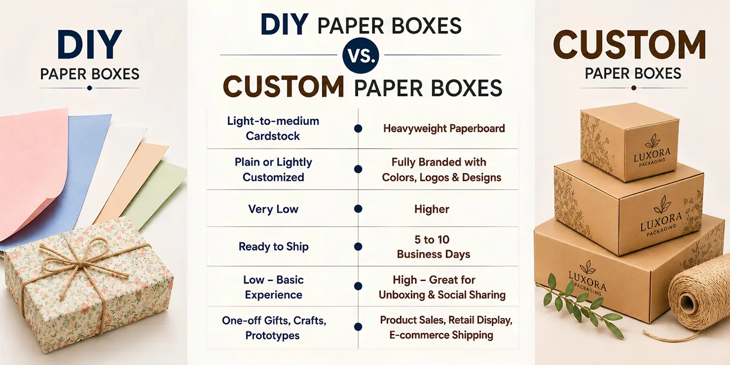Infographic comparing DIY paper boxes vs. custom paper boxes across cost, strength, branding, and use cases.