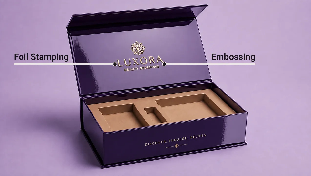 purple packaging box showcasing gold foil stamping and embossing callouts