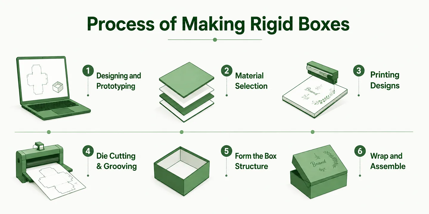 6-step rigid box manufacturing process from design and die-cutting to box assembly.