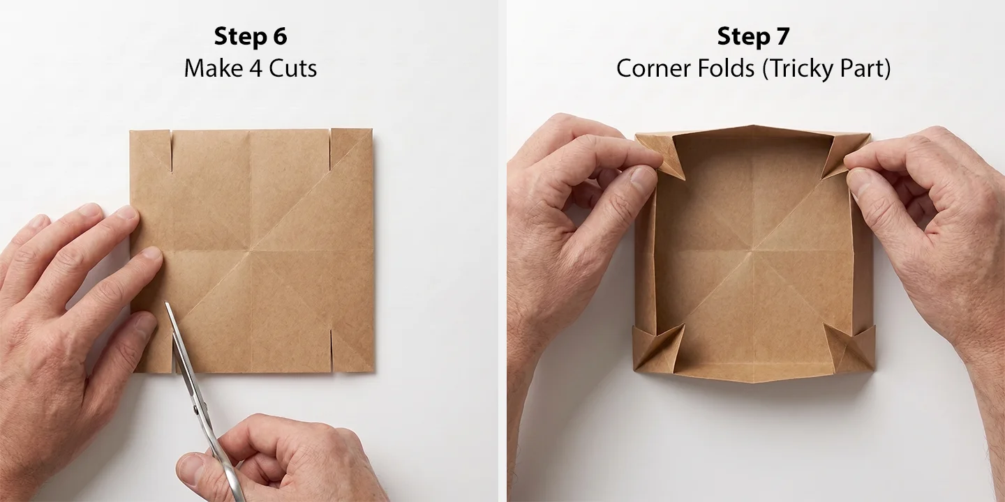 Steps 6 & 7: Cut 4 crease lines and fold corner flaps inward to build paper box walls.