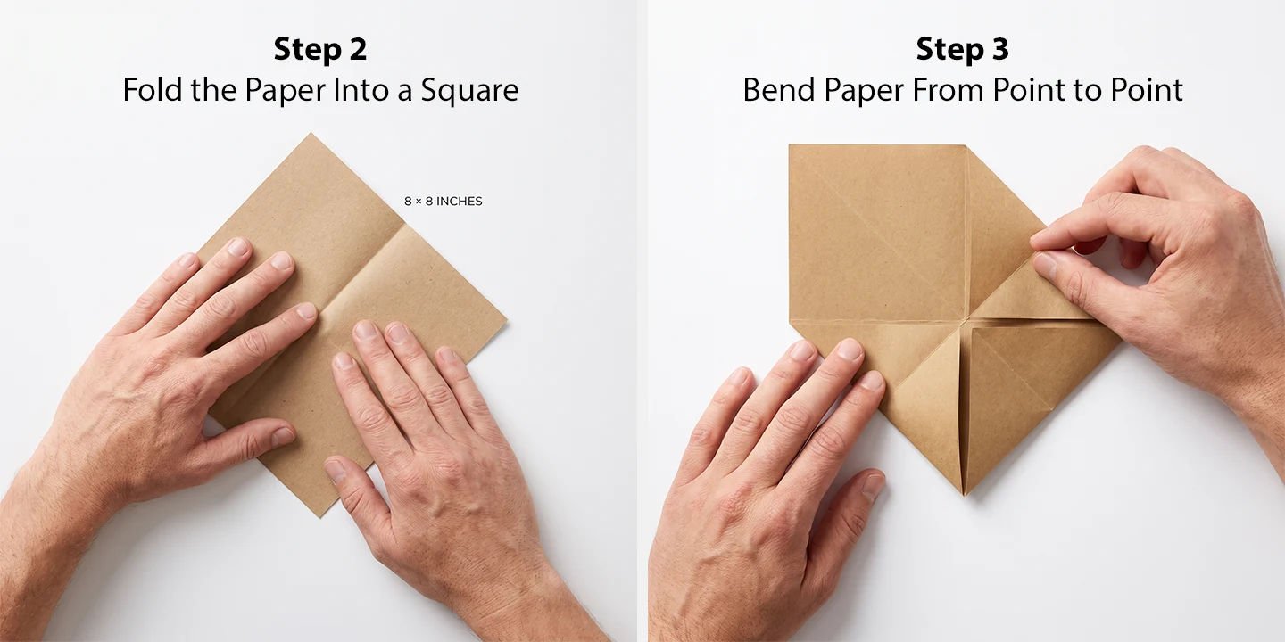 Step 2: flattening an 8x8 inch kraft paper square, and Step 3: folding opposite corners inward to create diagonal crease