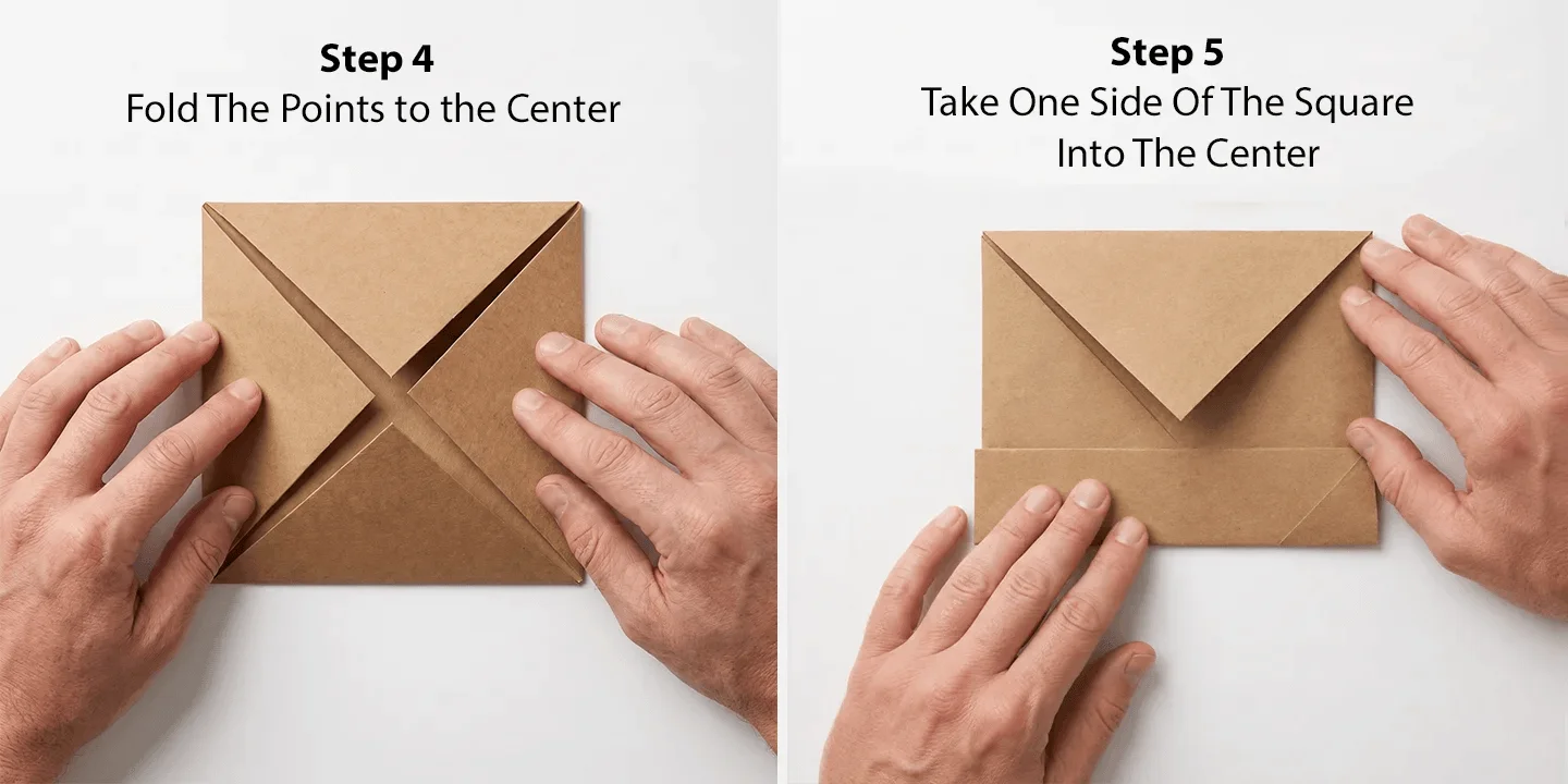 Step 4 and Step 5 tutorial showing kraft paper corner folding and edge creasing to construct a gift box base.