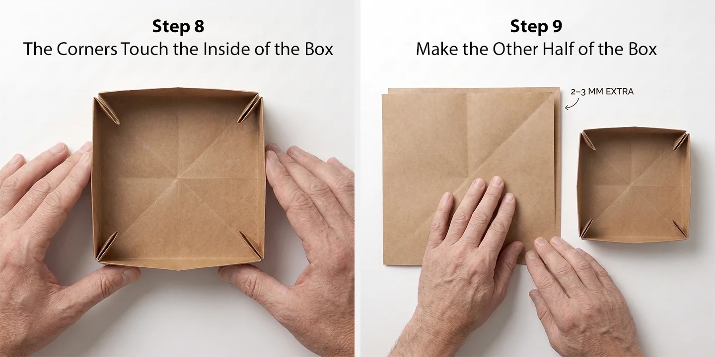 Steps 8 & 9: Assemble paper box walls and size a larger square for the lid.