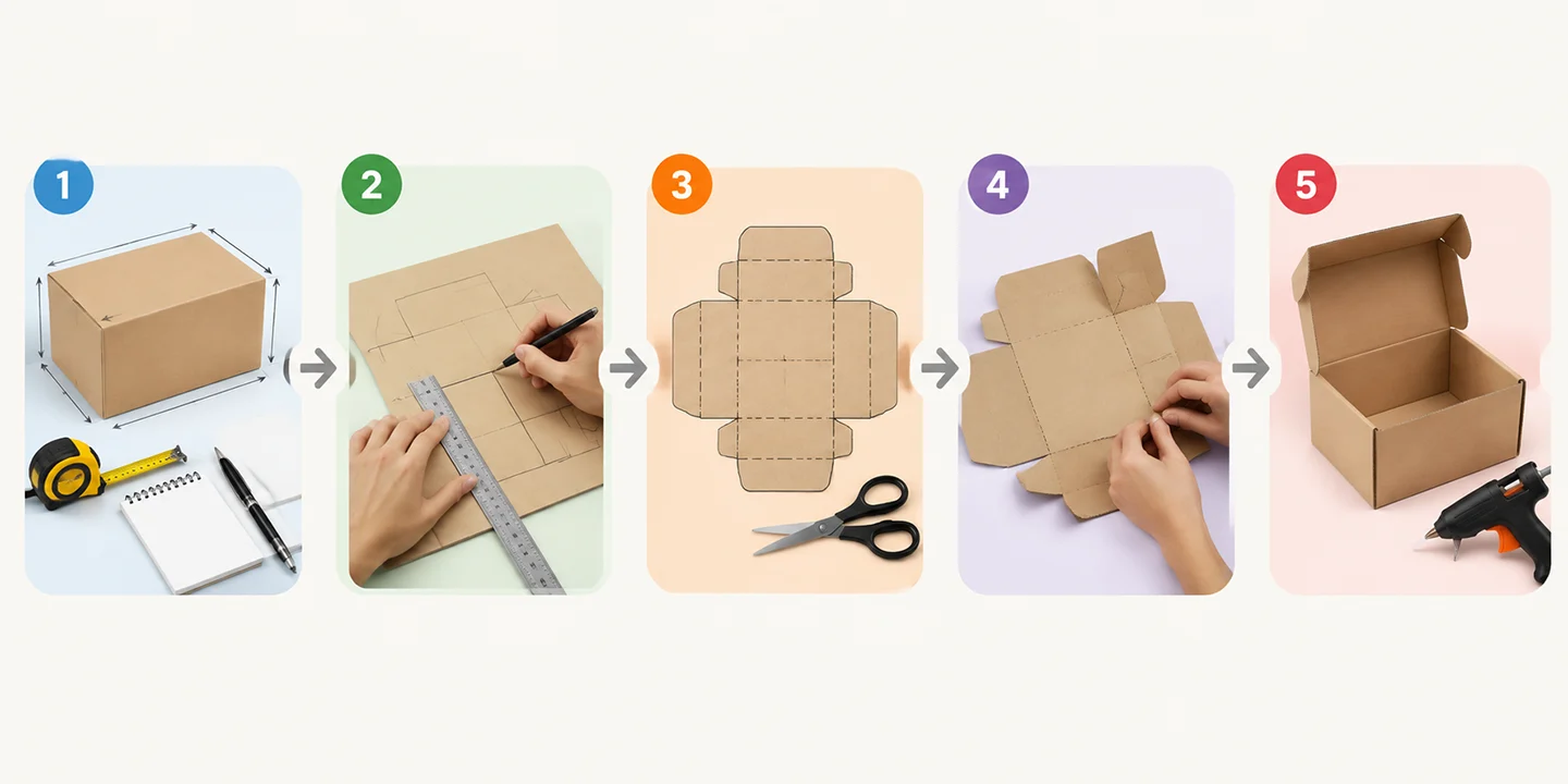 5 step visual guide on measuring, drafting, cutting, folding, and assembling a paper box template.
