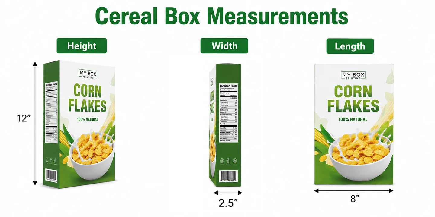 how to measure a cereal box height 12 inches, width 2.5 inches, and length 8 inches