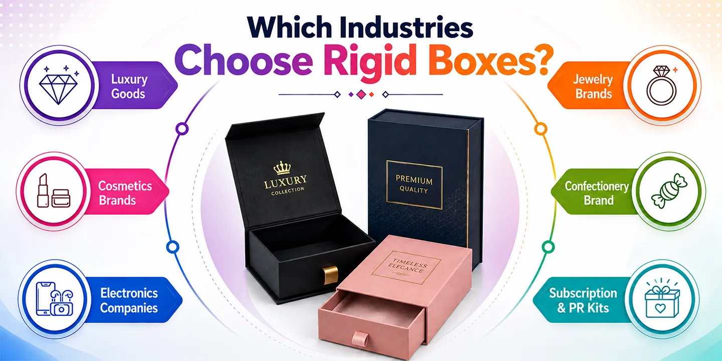 industries using rigid boxes like luxury goods, cosmetics, electronics, jewelry, and PR kits