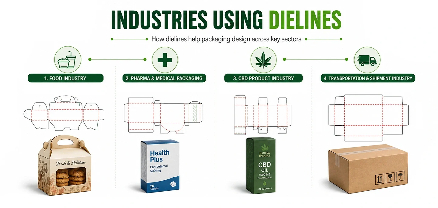 isual chart of packaging dielines across four sectors: food, pharma, CBD products, and shipment boxes