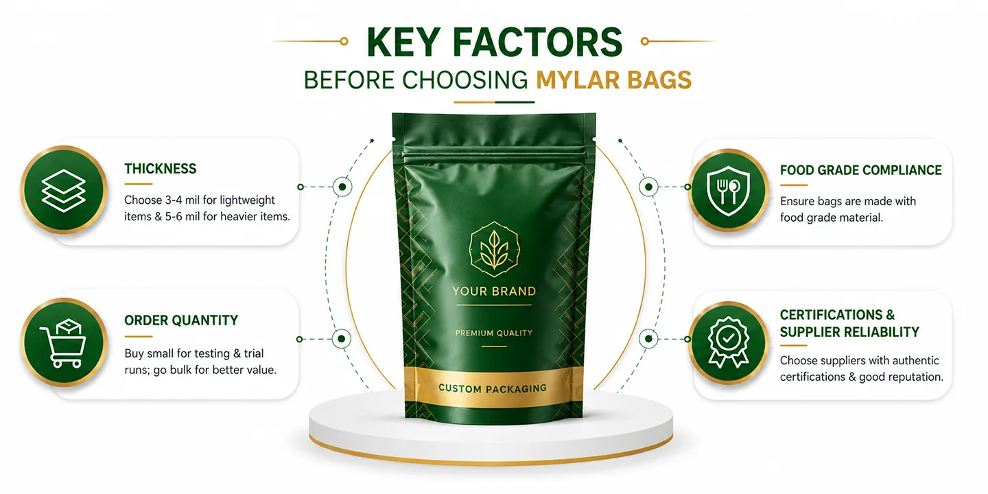 Key factors when choosing Mylar bags: thickness, order quantity, food-grade compliance, and supplier certifications.