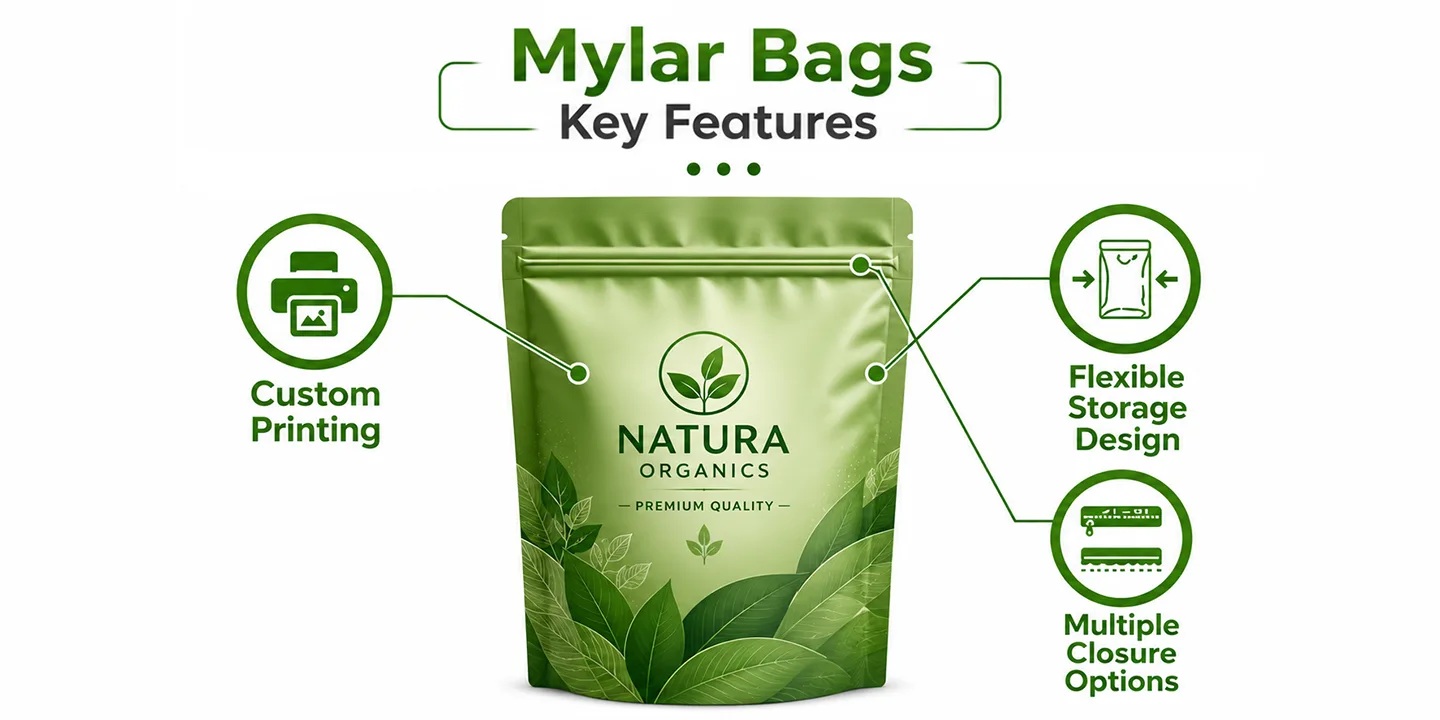 key Mylar bag features: custom printing, flexible storage design, and multiple closure options.
