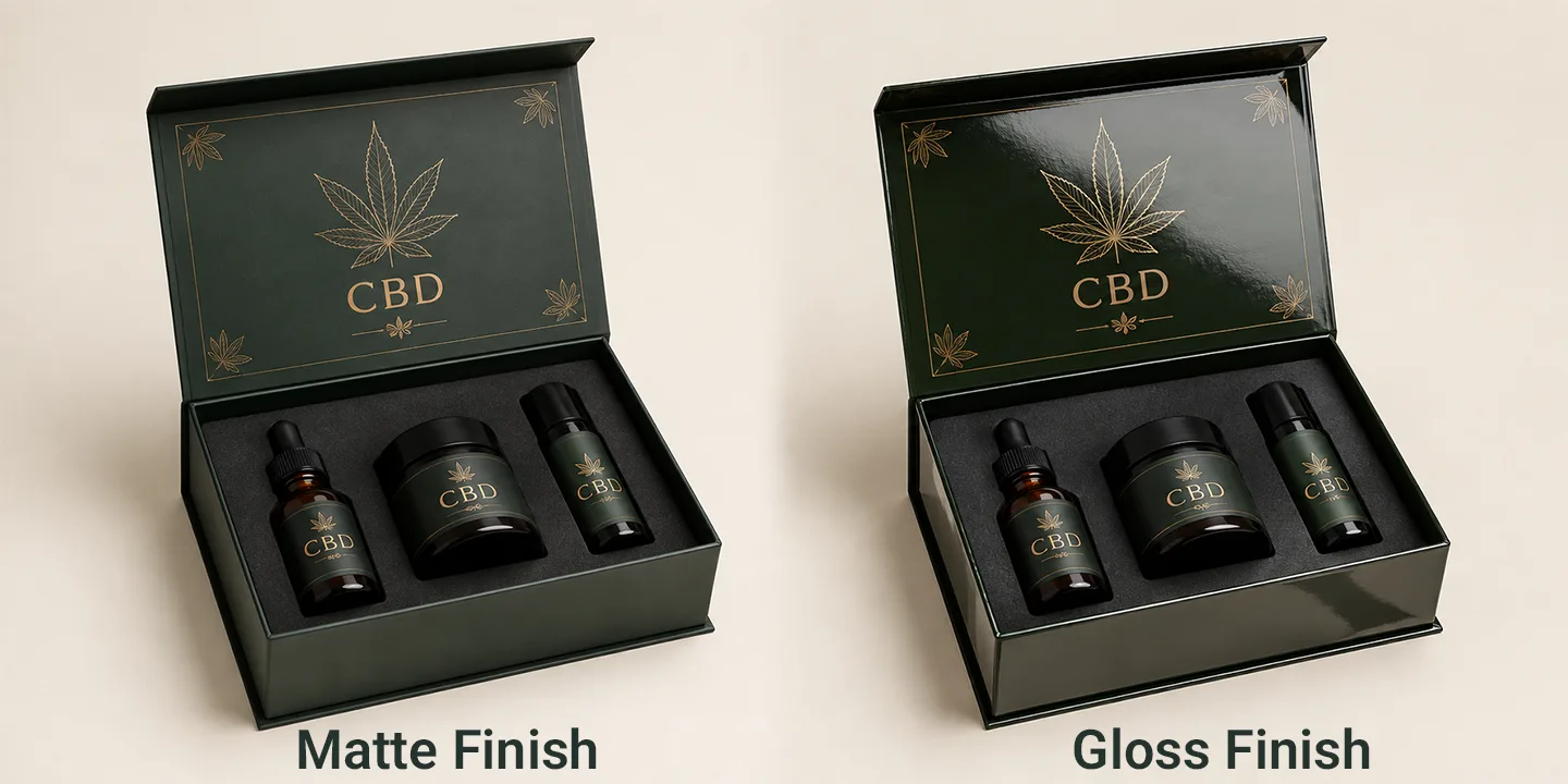 side-by-side comparison of matte vs gloss green CBD packaging boxes