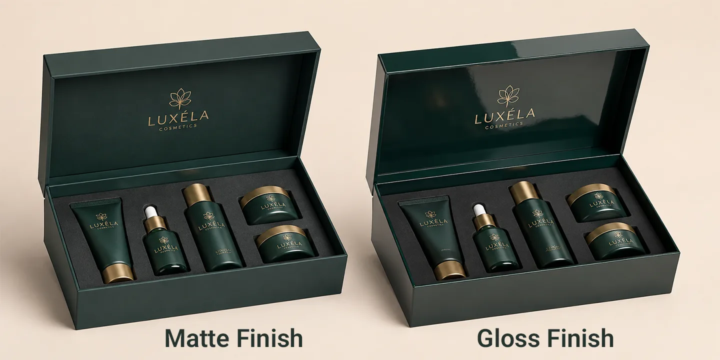side-by-side comparison of matte vs gloss green cosmetic packaging boxes