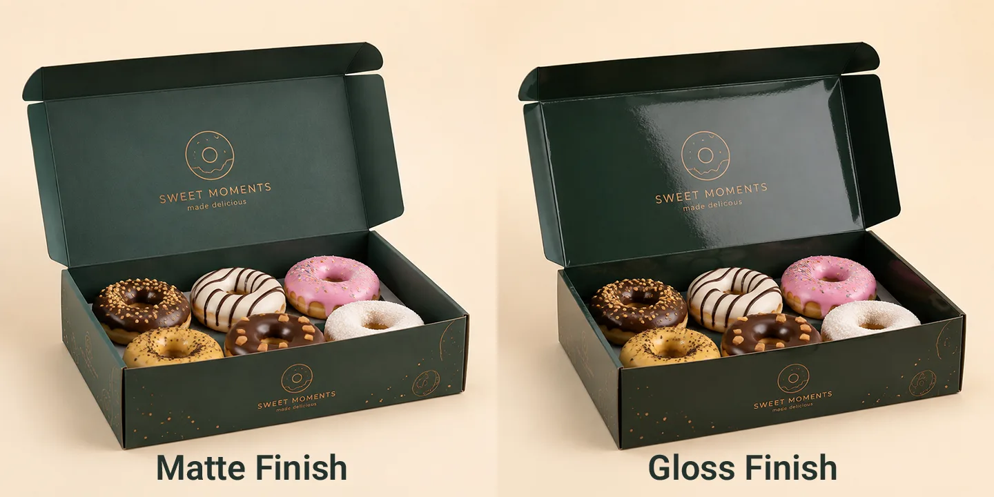 side-by-side comparison of matte vs gloss green bakery food packaging boxes
