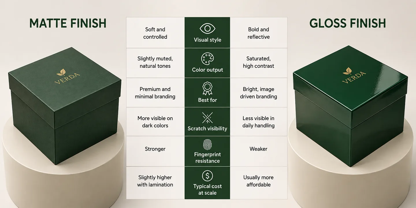matte vs gloss finish custom packaging decision matrix with green boxes