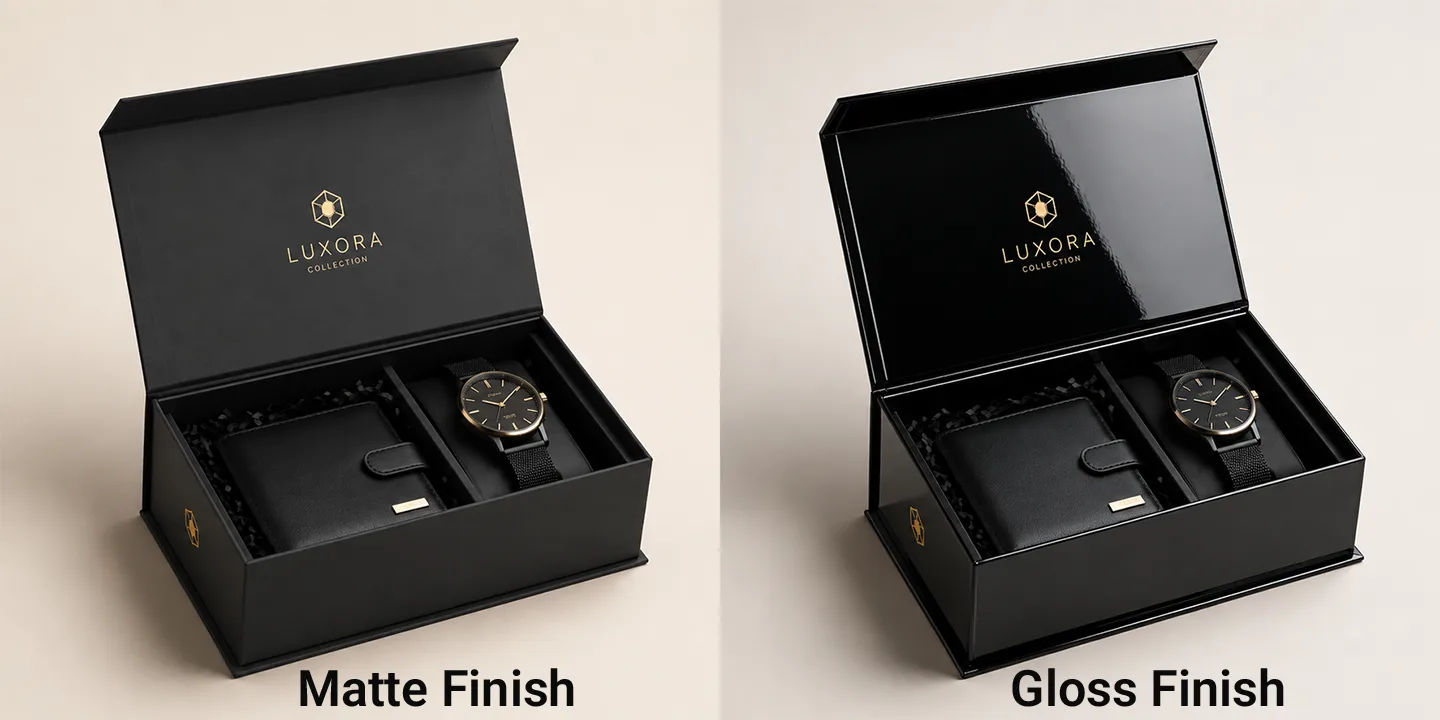 side-by-side comparison of matte vs gloss black retail shipping boxes
