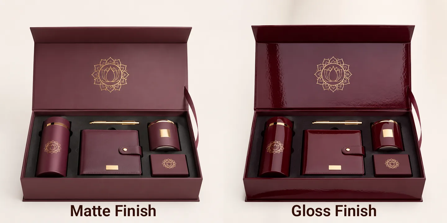 side-by-side comparison of matte vs gloss maroon luxury rigid gift boxes