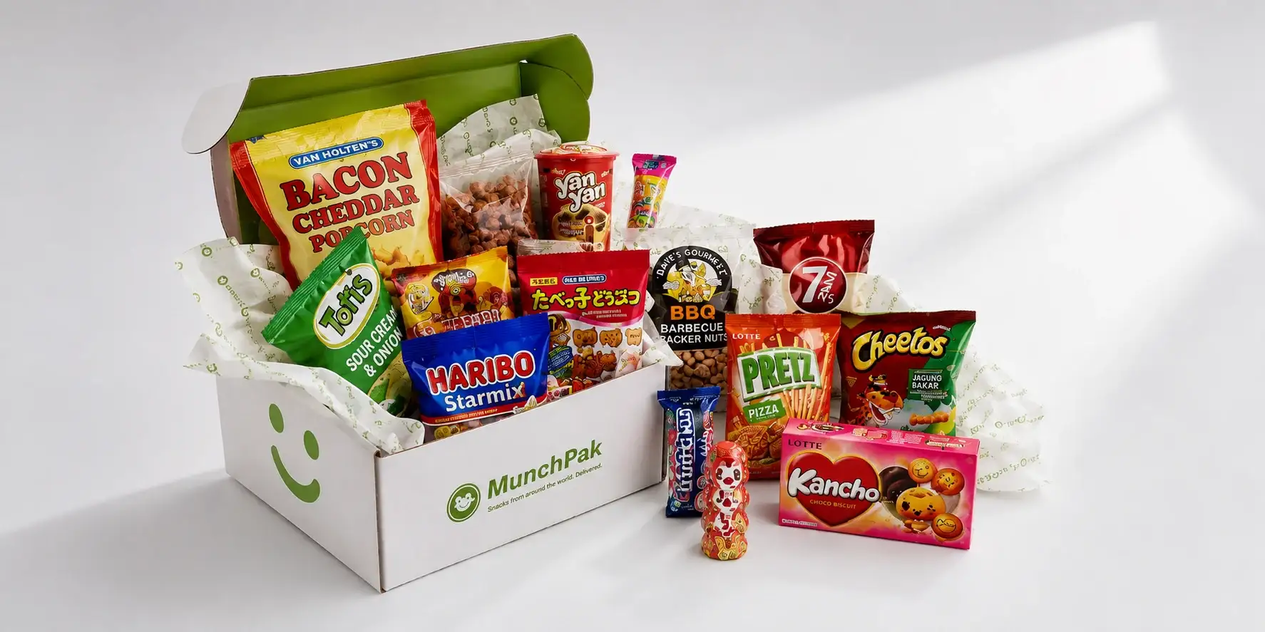 MunchPak snack subscription box filled with colorful international snacks