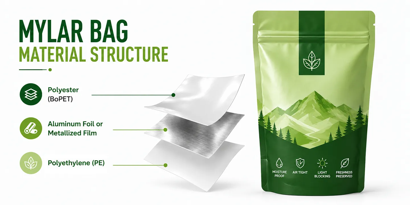 3-layer material structure of a Mylar bag: outer BoPET, middle aluminum foil, and inner food-grade PE.