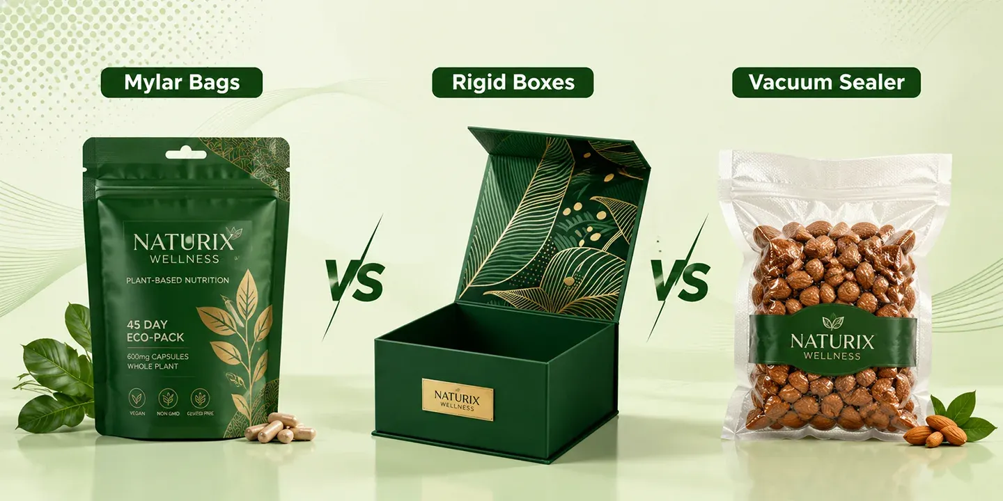 Side-by-side comparison of a green custom Mylar bag, a luxury rigid box, and a clear vacuum sealed pouch.