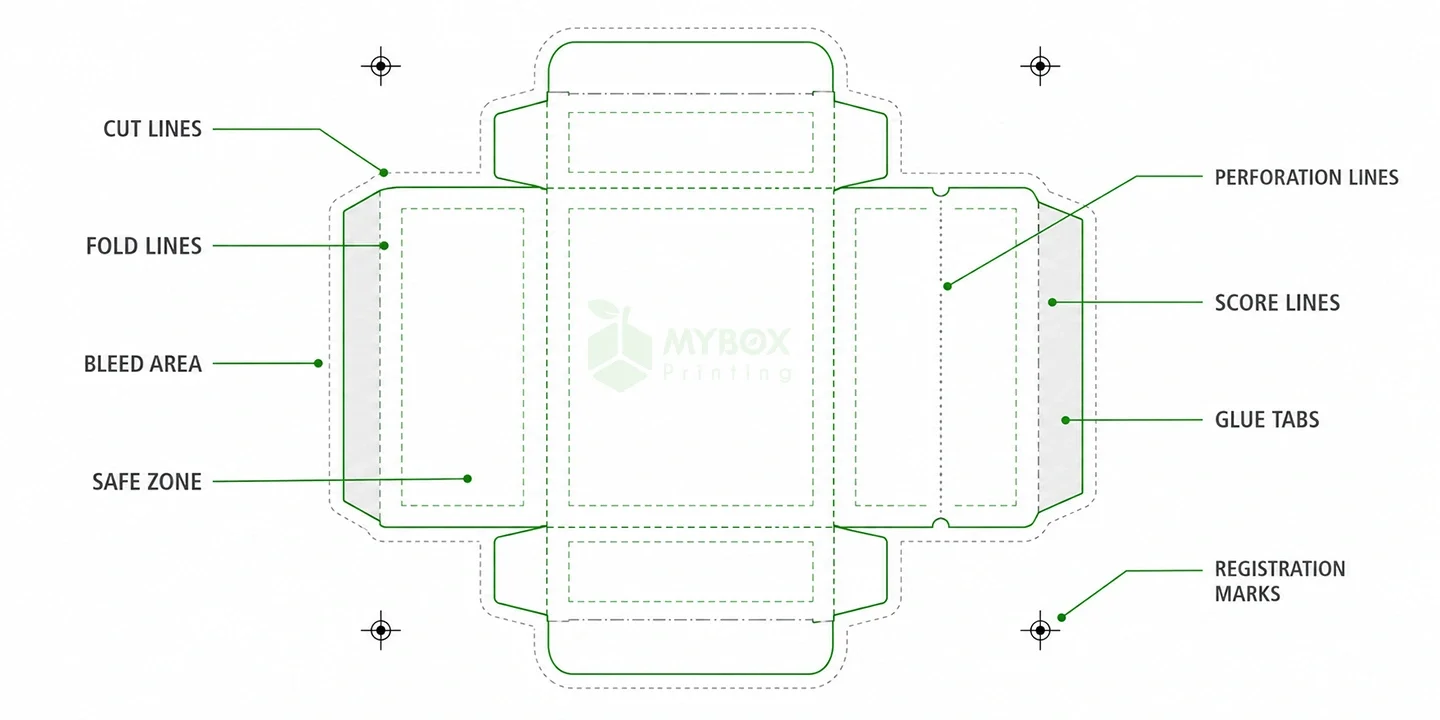 packaging dieline diagram pointing out cut lines, fold lines, bleed area, safe zone, glue tabs, and registration marks.
