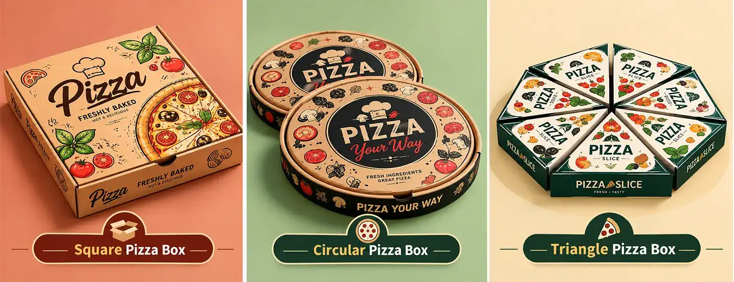 pizza box design ideas, including square pizza box, round pizza box, and pizza slice box