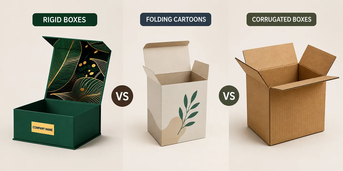 comparing custom rigid boxes, paper folding cartons, and corrugated cardboard shipping boxes.