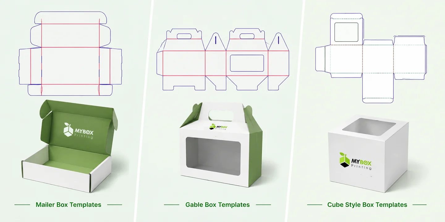 dielines and 3D renders of mailer, gable, and cube style shipping and ecommerce box templates