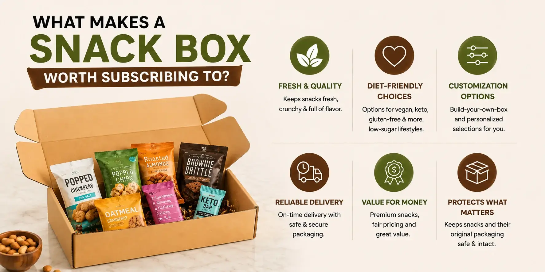 custom green snack subscription box packed with snacks highlighting key quality features.