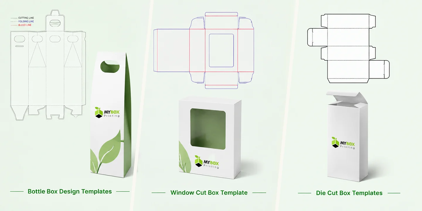 dielines and 3D renders of bottle, window cut, and die cut specialty packaging templates