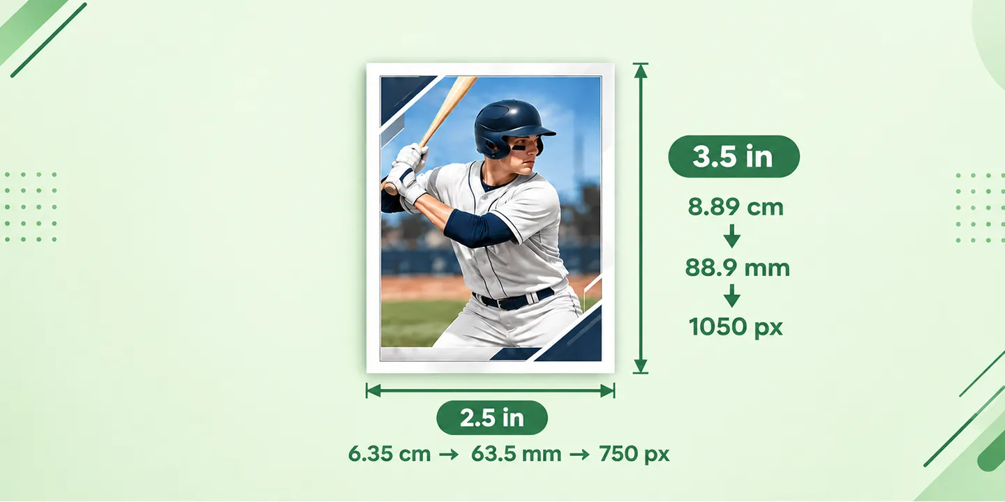 standard baseball card dimensions in inches, cm, mm, and 300 DPI pixels.