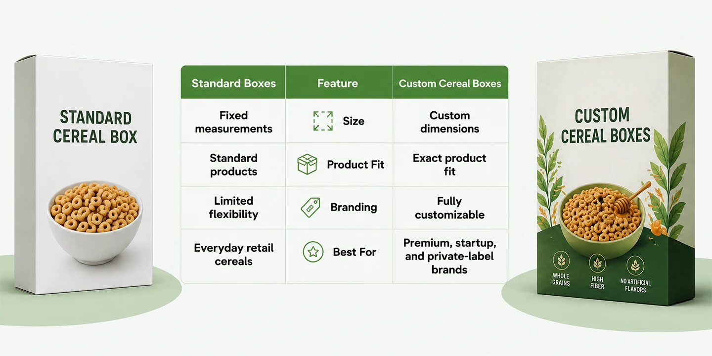 Comparison chart between standard and custom cereal boxes showing differences in size, branding, and product fit.