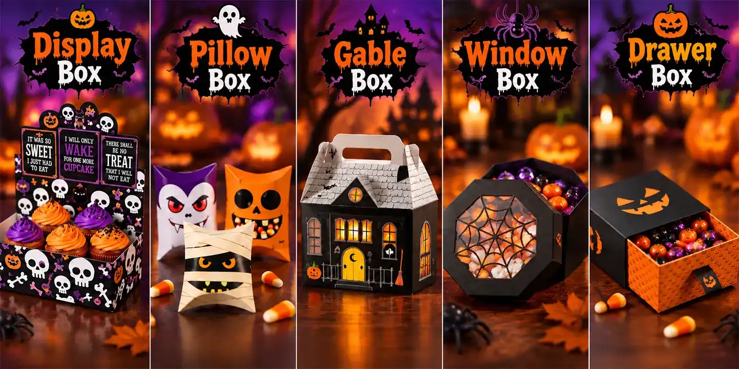 top halloween box styles, including disply box, pillow box, gable box, window box, drawer box