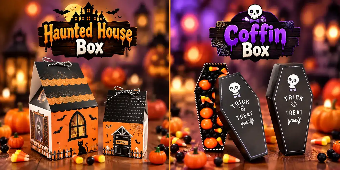 trending halloween packaging ideas, including haunted house box and coffin box