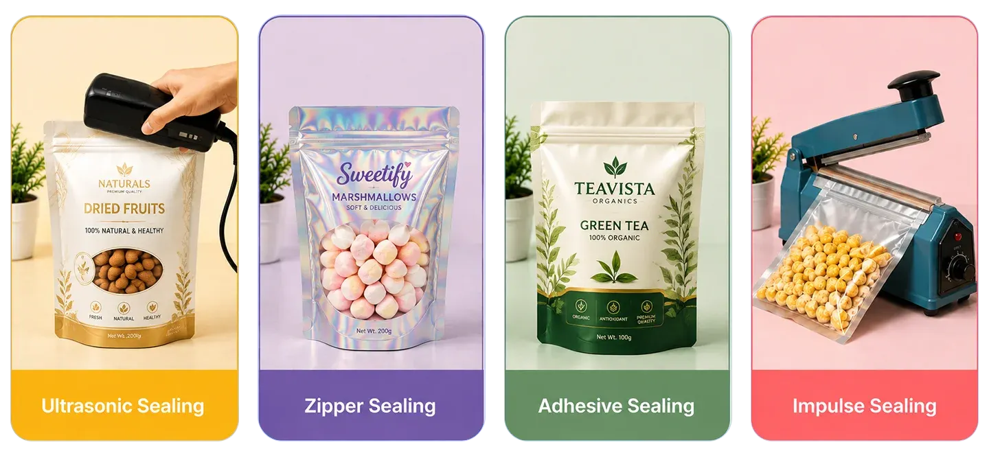 Types of Mylar bag sealing: ultrasonic, zipper, adhesive, and impulse heat sealing.