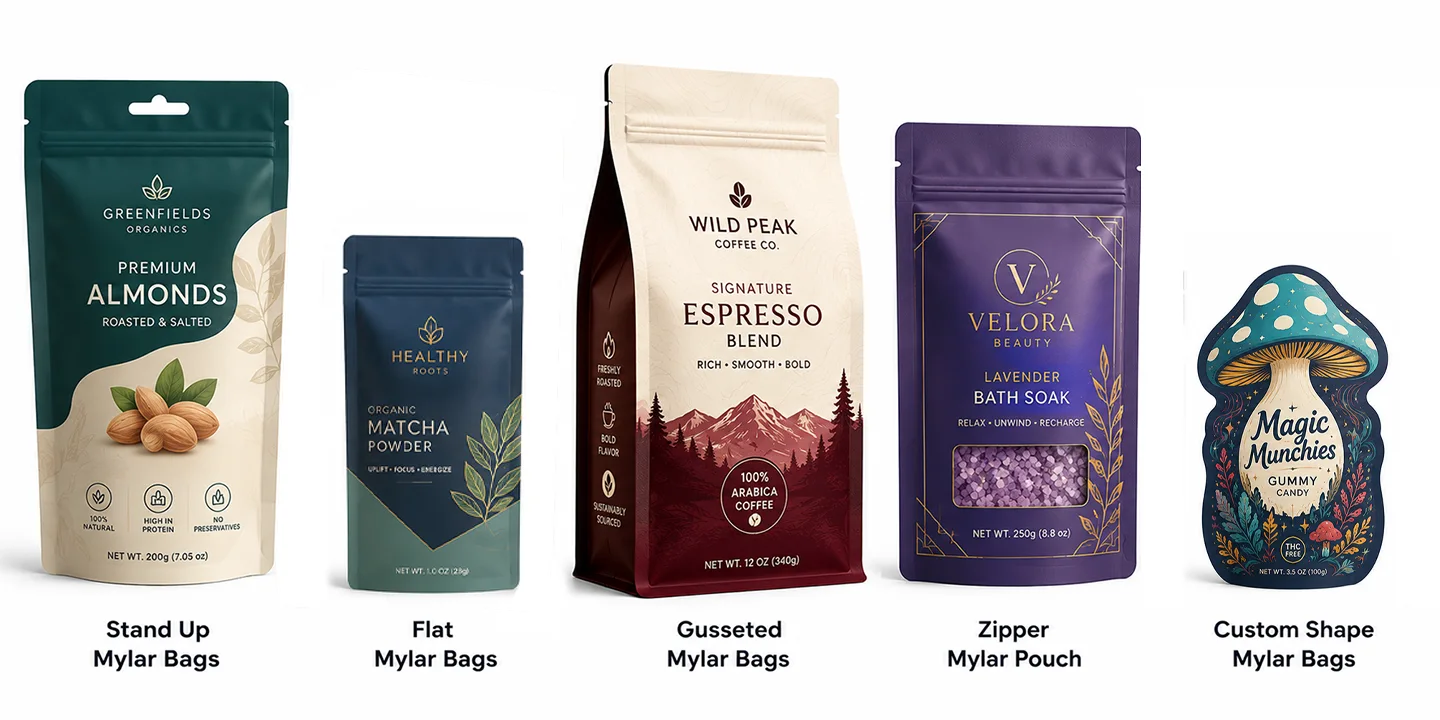 Overview of 5 Mylar bag types: stand-up pouch, flat bag, gusseted bag, zipper pouch, and custom die-cut shape.
