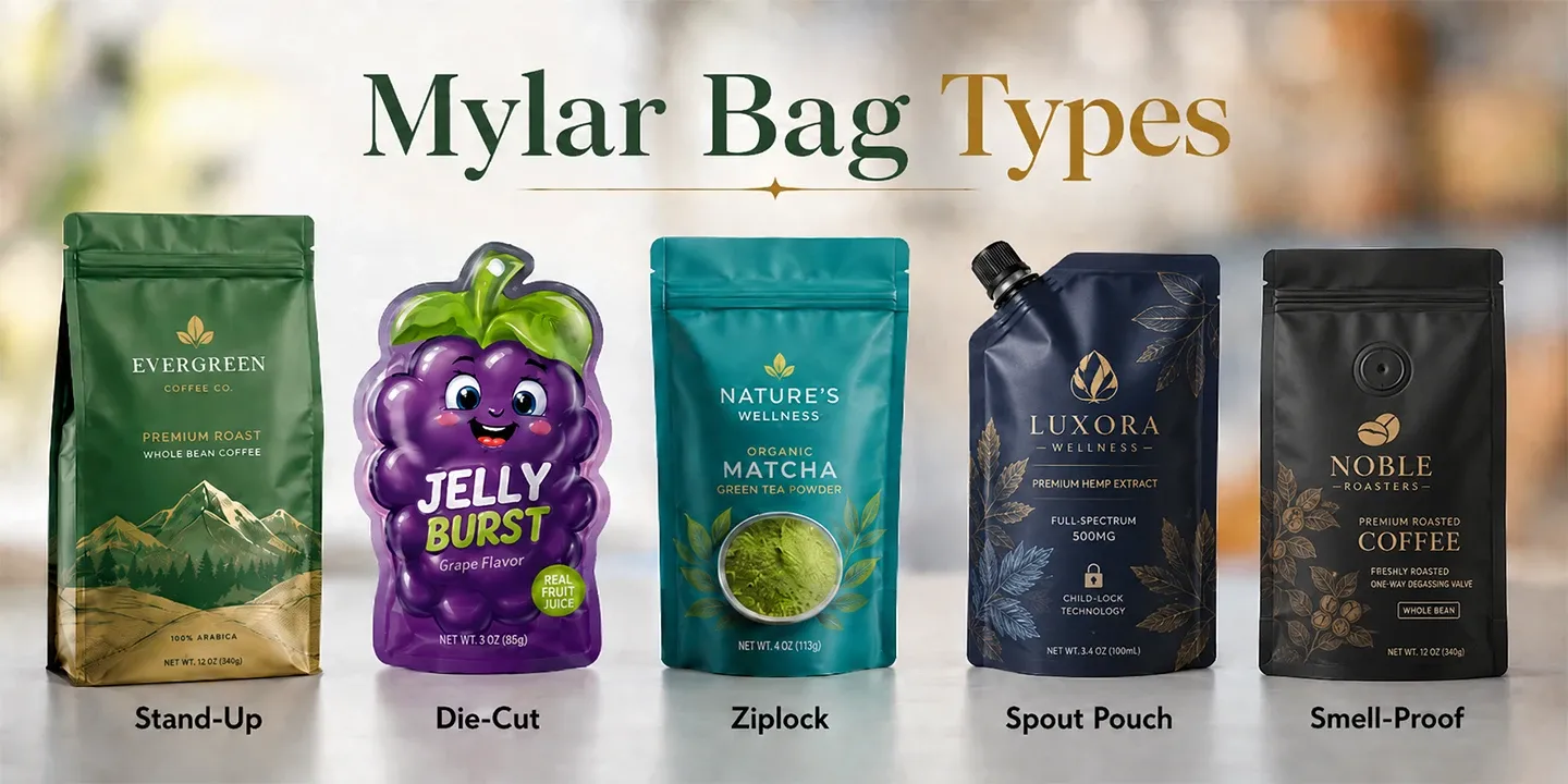 Five Mylar bag types: Stand-Up, custom Die-Cut, Ziplock, child-proof Spout pouch, and Smell-Proof.