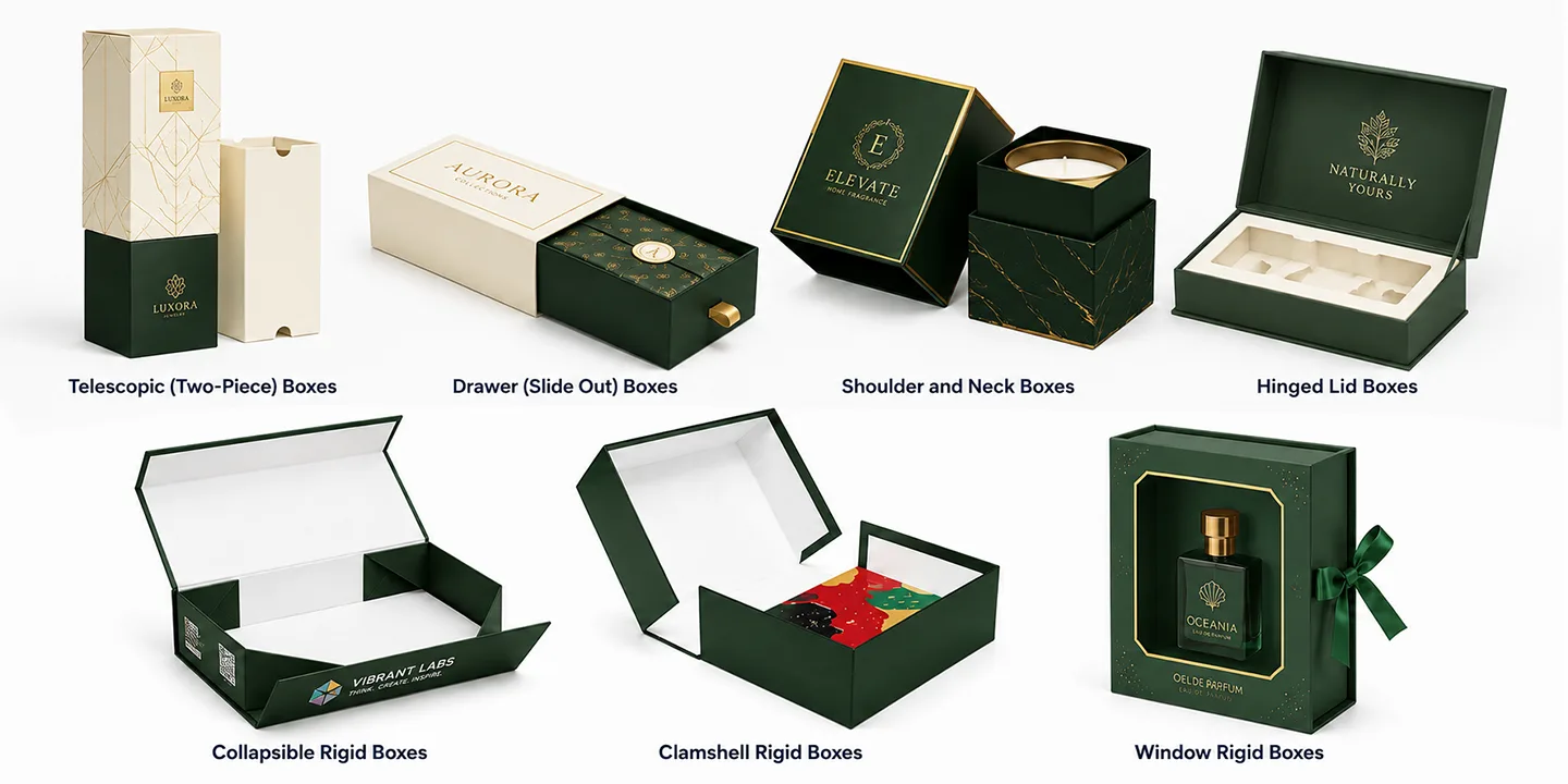 types of custom rigid boxes including drawer, telescopic, hinged lid, and window styles.