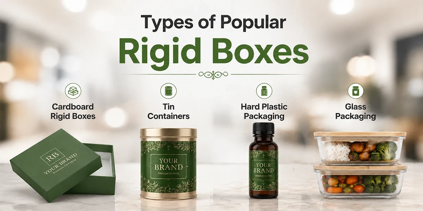 Popular rigid packaging: green cardboard box, gold tin, plastic bottle, and glass jars.