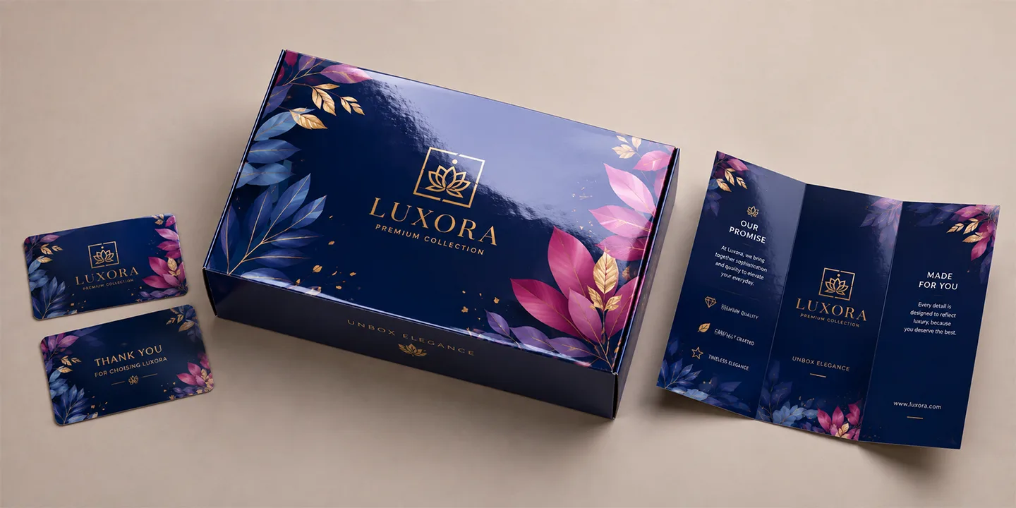 Dark navy gloss custom packaging box with high-sheen floral graphics