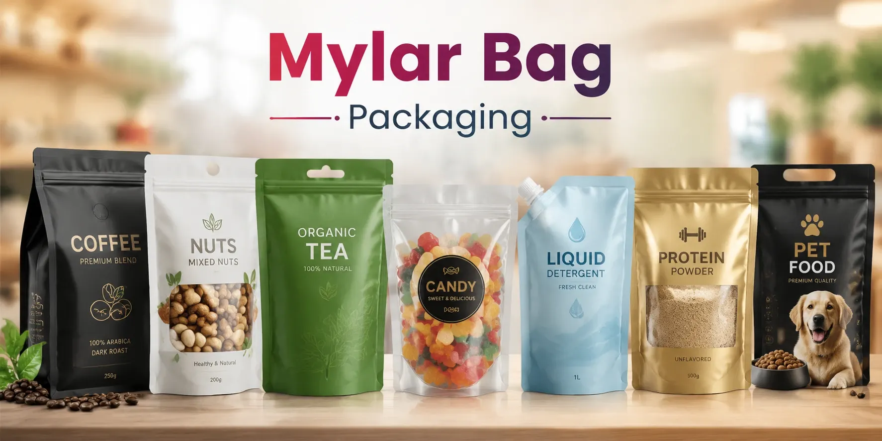 a lineup of custom Mylar packaging bags displaying various products