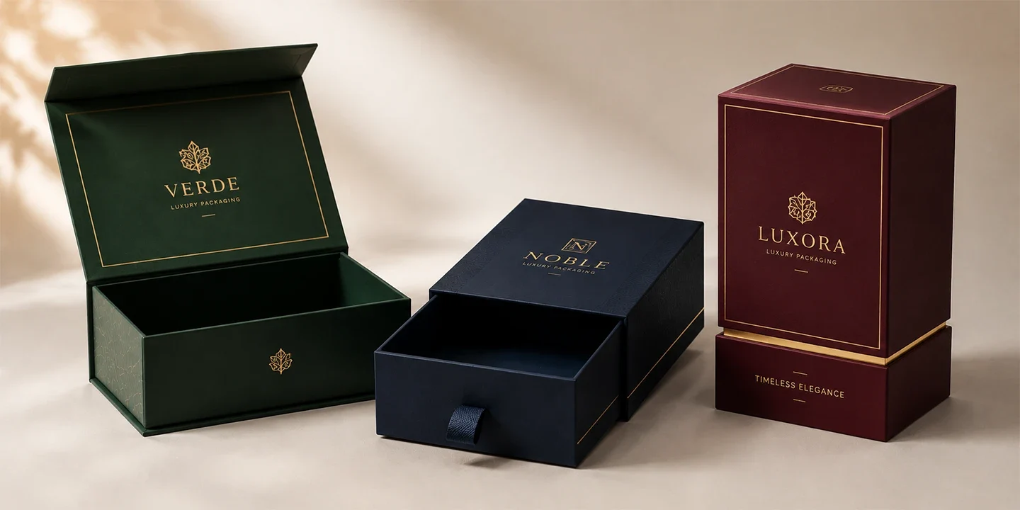 Three luxury rigid box styles: green magnetic hinged box, navy sliding drawer box, and burgundy shoulder-neck box.