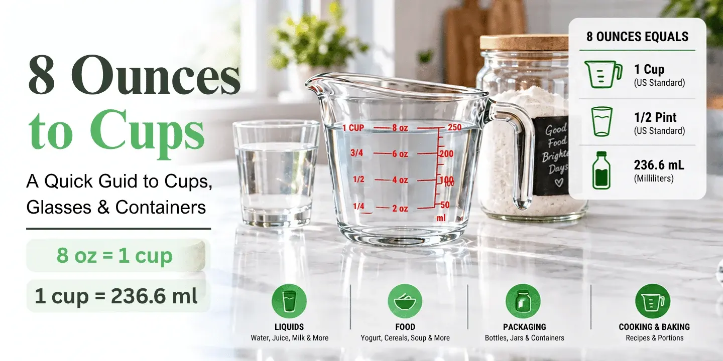 how much is 8 ounces in cups and containers