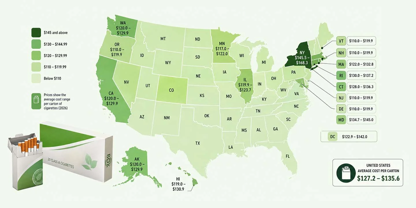 US map showing average cigarette carton prices by state